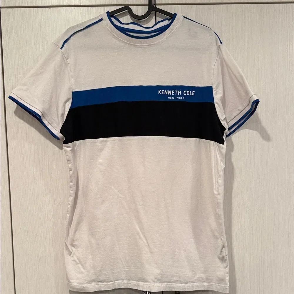Kenneth Cole Men's White Tee with Blue and Black Stripes